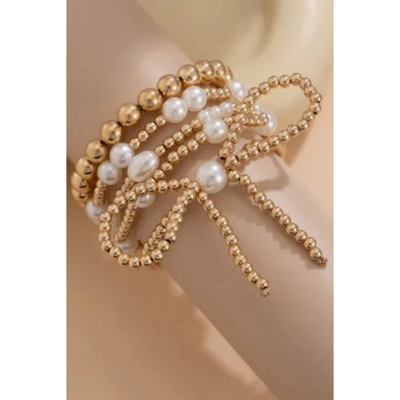 Women's Gold and White Pearl Beaded Bracelet Set, One Size - Picture 6 of 9